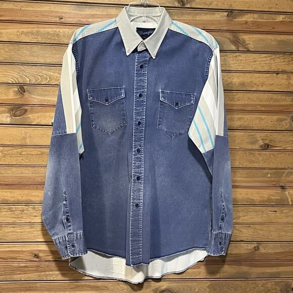 Vtg Wranglers Men’s Brushpopper Button Denim Striped Shirt 40’s-60’s 16.5x36 - Picture 1 of 16
